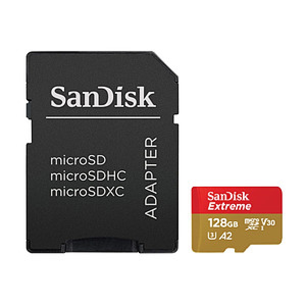 128GB MicroSDXC Sandisk Extreme R160/W90 C10 U3 V30 A2 met adapter SDSQXA1-128G-GN6MA